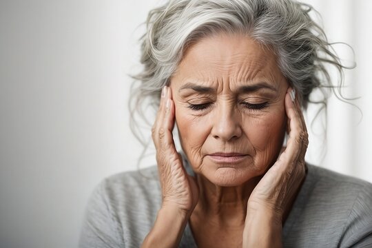 A visually striking image of a senior woman, her face etched with lines of pain and exhaustion, as she battles a migraine headache in isolation on a stark white background. 