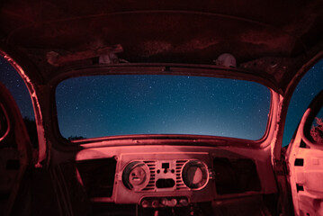 Rusted, Beetle Car, Interior, Night Sky, Milky Way, Stars, Windshield, Windows, Rustic, Vintage,...