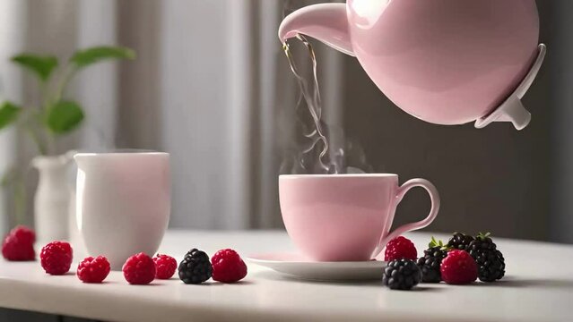 cup of tea. tea pot pouring tea in a cup, berry tea, iced tea pouring, tea pouring video animation, looping seamless looping animation, food stock, beverages stock video, drinks videos, cup on table.
