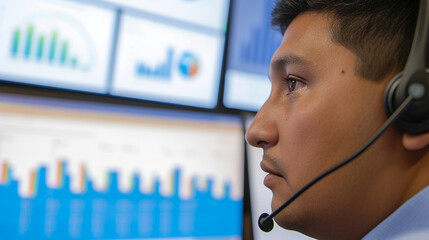 A close-up image of a concentrated male professional with a headset looking at statistical data on multiple monitor screens