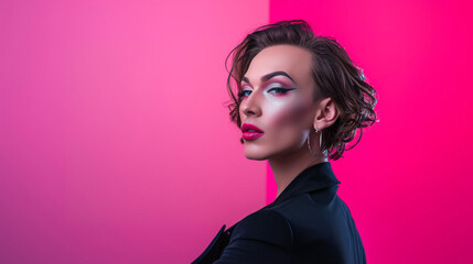 Transcendent Elegance: Fashionable Young Transgender Model With Full Make Up in Studio Glamour Shot