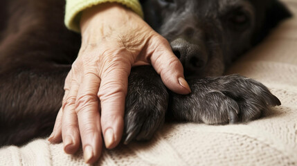 Elderly person's hand touching a resting black dog's paw, conveying a sense of companionship and comfort