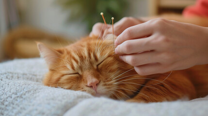 A gentle hand performs acupuncture therapy on a serene, sleeping ginger cat resting on a soft blanket
 - obrazy, fototapety, plakaty