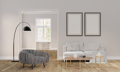 mockup frame interior, simulated image, house with white interior windows. wood floor Modern classic decoration There is a heater, 3D rendering.