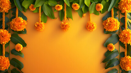 Gudi Padwa Celebration Garland Frame with Marigold and Leaves on Vibrant Yellow Background, Traditional Indian Festival Banner