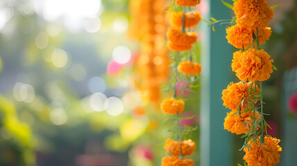 Gudi Padwa Elegance: Marigold Garlands Draping on the House's Exterior with Soft Daylight, Celebratory Indian Decor