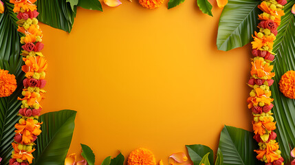 "Festive Gudi Padwa Floral Border, Marigold and Mango Blossom Garland Frame, Traditional Indian New Year Celebration Design"