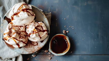 Vanilla and chocolate pavlovas in true culinary masterpieces with salted caramel sauce. Vanilla pavlovas with an irresistible contrast of sweet and savory flavors. - obrazy, fototapety, plakaty