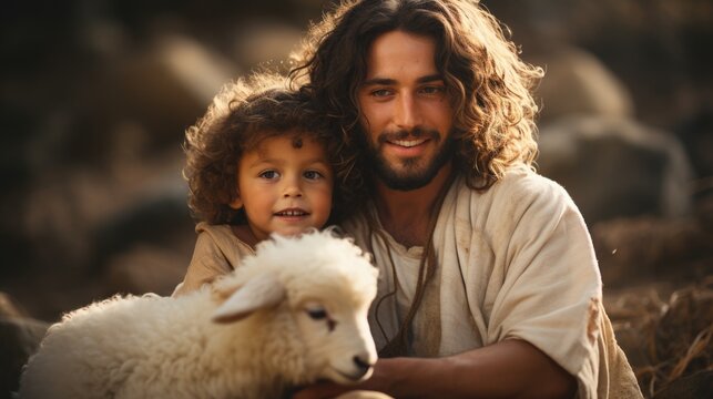 St. Joseph with boy Jesus Christ herding sheep: portrayal of a biblical drama, illustrating sacred bond between saint Joseph and young Jesus as they tend to the flock.