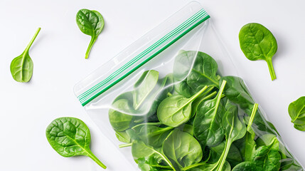 A sealed plastic bag with lots of spinach. Selected spinach in a transparent plastic bag in vegetable conservation concept for sale. - obrazy, fototapety, plakaty