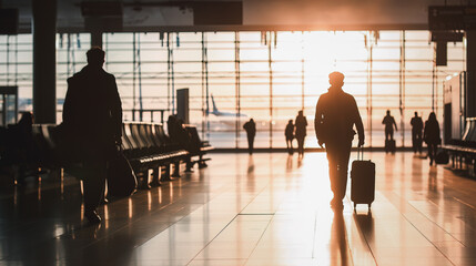 Silhouette of a traveler walking with a suitcase in an airport terminal, with the golden hues of...