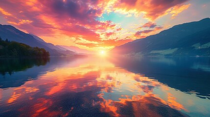 stunning sunrise over the lake with vibrant colors reflecting in the water in a zen and calm enviroment - obrazy, fototapety, plakaty