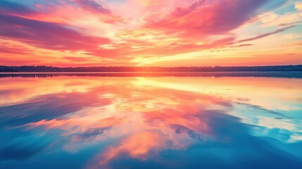 stunning sunrise over the lake with vibrant colors reflecting in the water in a zen and calm enviroment