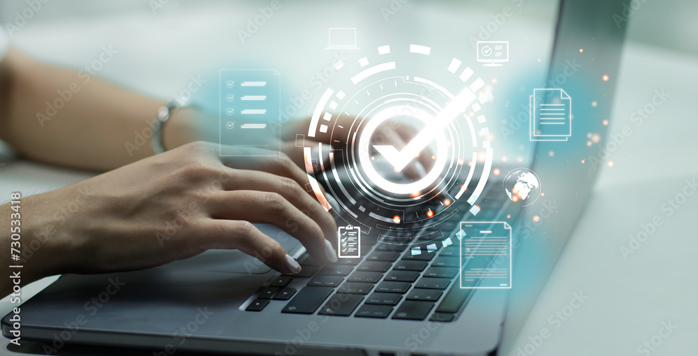 Poster woman using laptop computer notebook connect virtual document online working from home concept. tech