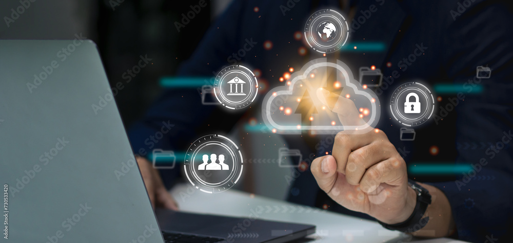 Poster business person using laptop computer notebook access to virtual digital cloud storage database to d