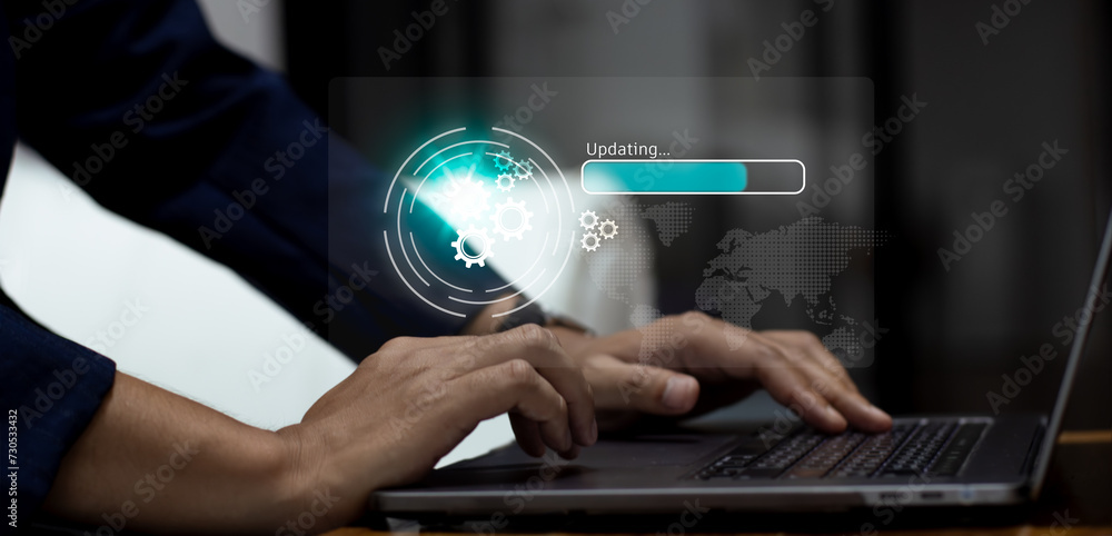 Poster business person using laptop computer connecting internet online loading file from virtual digital d