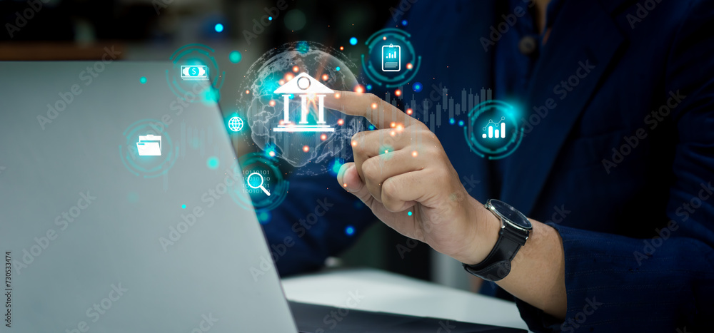 Poster businessman using laptop connect virtual internet banking, touching virtual screen file and folder d