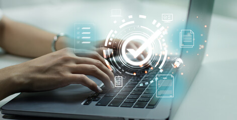 Woman using laptop computer notebook connect virtual document online working from home concept. Technology and business concept.