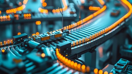 A conveyor belt in a factory setting with different types of devices and equipment p at intervals symbolizing the integration of data from various sources.