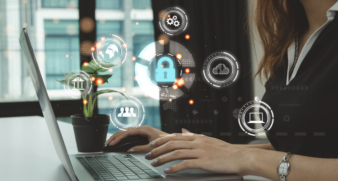 Woman using laptop working online by access cloud data, internet banking, download and upload file. Technology and lifestyle concept.