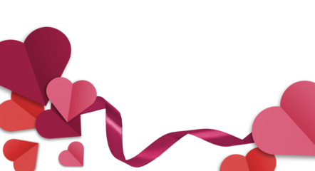 red color ribbon and paper hearts isolated on transparent background. Valentine's day.