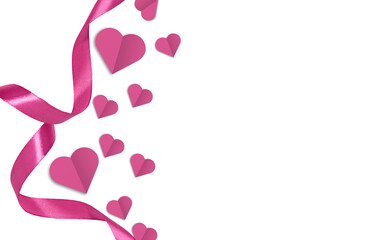 pink paper hearts with pink ribbon isolated on transparent background. 