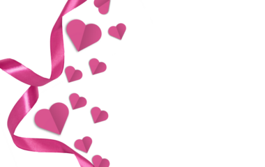 pink paper hearts with pink ribbon isolated on transparent background. 