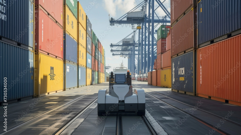Poster an innovative automated guided vehicle navigating a busy harbor autonomously moving containers from 