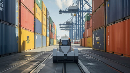 An innovative automated guided vehicle navigating a busy harbor autonomously moving containers from ship to shore.