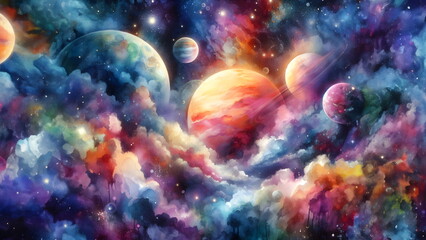 Fototapeta na wymiar Vibrant watercolor cosmic scene with planets and nebula