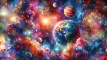 Obraz na płótnie Canvas Vibrant watercolor cosmic scene with planets and nebula