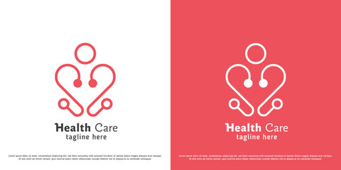 Health care logo design illustration. Silhouette of doctor midwife stethoscope heart person hospital clinic charity help support mental illness medicine. Minimal geometric icon symbol calm gentle. - obrazy, fototapety, plakaty