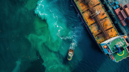 A shipping vessel undergoes ballast water treatment while docked at a port using chemical or physical ods to remove potential invasive species before they are released into - obrazy, fototapety, plakaty