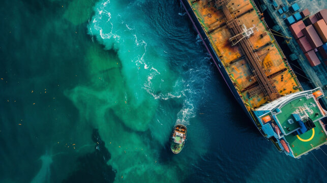 A shipping vessel undergoes ballast water treatment while docked at a port using chemical or physical ods to remove potential invasive species before they are released into