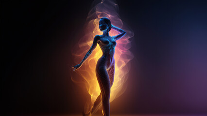 Fototapeta na wymiar An ethereal silhouette bathed in intriguing light captivates the viewer. This enigmatic image evokes mystery, elegance, and transcendence. Perfect for artistic and fantasy themes