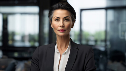 A professional Matured Woman in a well-tailored suit stands confidently in a modern office environment, their face obscured for privacy, evoking a sense of mystery and professionalism