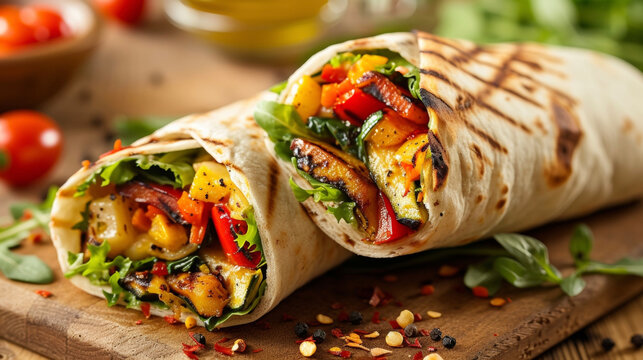 Dive into a world of savory goodness with this veggie wrap featuring tender grilled vegetables and a touch of flamegrilled goodness.