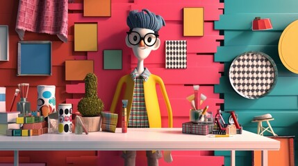 Cartoon digital avatars of DÃ©cor Guru With fabric swatches and paint samples