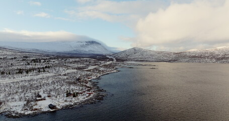 Aerial View of Snowy E10 Highway to Narvik, Norway