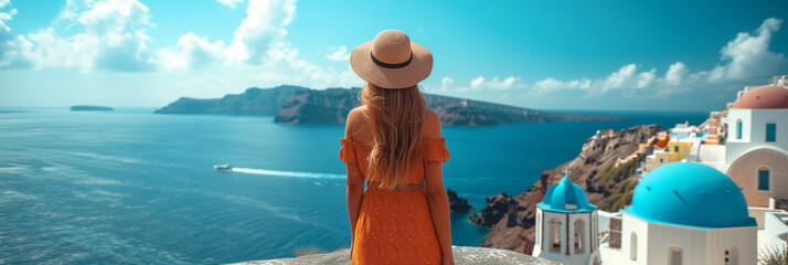 Travel Europe summer holiday girl enjoying Oia, Santorini Greece cruise vacation. Sun getaway...