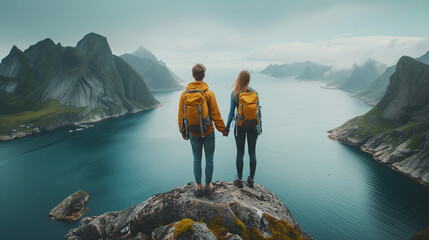 A couple on a cliff edge in Norway Lofoten Islands,  Couple family traveling together on cliff edge in Norway man and woman lifestyle concept summer vacations outdoor aerial view Lofoten islands - obrazy, fototapety, plakaty