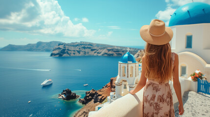 Santorini travel tourist woman on vacation in Oia walking at the village. A person in dress visiting the famous white village with the Mediterranean sea and blue domes. Europe summer destination - obrazy, fototapety, plakaty