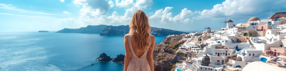 Fototapeten Santorini travel tourist woman on vacation in Oia walking at the village. A person in dress visiting the famous white village with the Mediterranean sea and blue domes. Europe summer destination © Fokke Baarssen