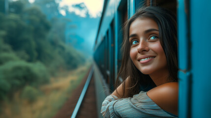 A happy smiling woman looks out from window traveling by train in Sri Lank, most picturesque train...
