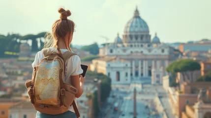 Fotobehang Rome Europe Italia travel summer tourism holiday vacation background, young smiling girl with a mobile phone camera and map in hand standing on the hill looking on the cathedral the Vatican © Fokke Baarssen