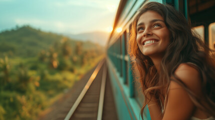 A happy smiling woman looks out from window traveling by train in Sri Lank, most picturesque train road in Sri Lanka	at sunset - obrazy, fototapety, plakaty