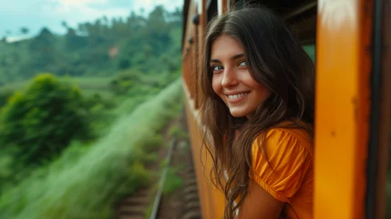 Foto op Aluminium A happy smiling brunette woman looks out from window traveling by train in Sri Lank, most picturesque train road in Sri Lanka  © Fokke Baarssen