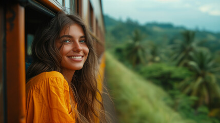 A happy smiling woman looks out from window traveling by train in Sri Lank, most picturesque train...