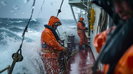 Despite the challenges of a rough sea the ships crew works together to maintain safe and efficient operations utilizing years of experience and teamwork to successfully navigate
