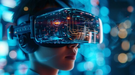 Closeup of a virtual reality headset being worn by an engineer simulating the experience of controlling and manipulating a digital twin of a physical et. - obrazy, fototapety, plakaty
